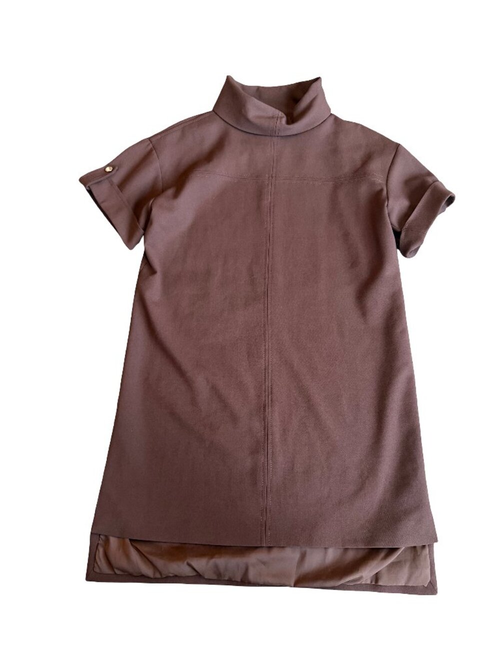 Karen Millen Chocolate Brown Funnel Neck Shift Dress Mini Length Size 4 Women's